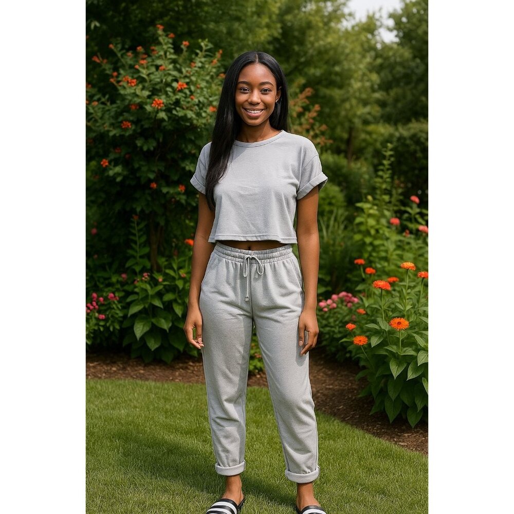 Womens Light Gray Casual Set Short Sleeve Top & Elastic Waist Drawstring Pant XL